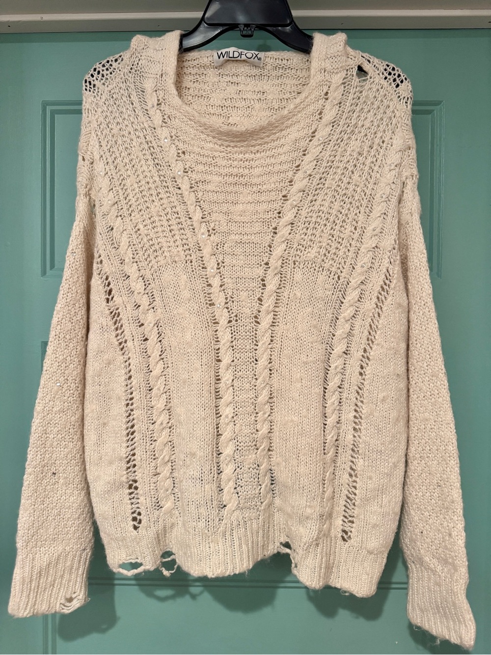 WildFox Ivory Distressed Coastal Beaded Alpaca Blend Crochet Hoodie Sweater S